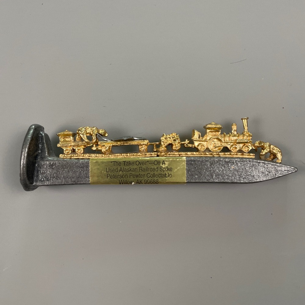 Peterson Pewter Collectible Alaskan Railroad Spike Train Bear Halibut Gold Tone